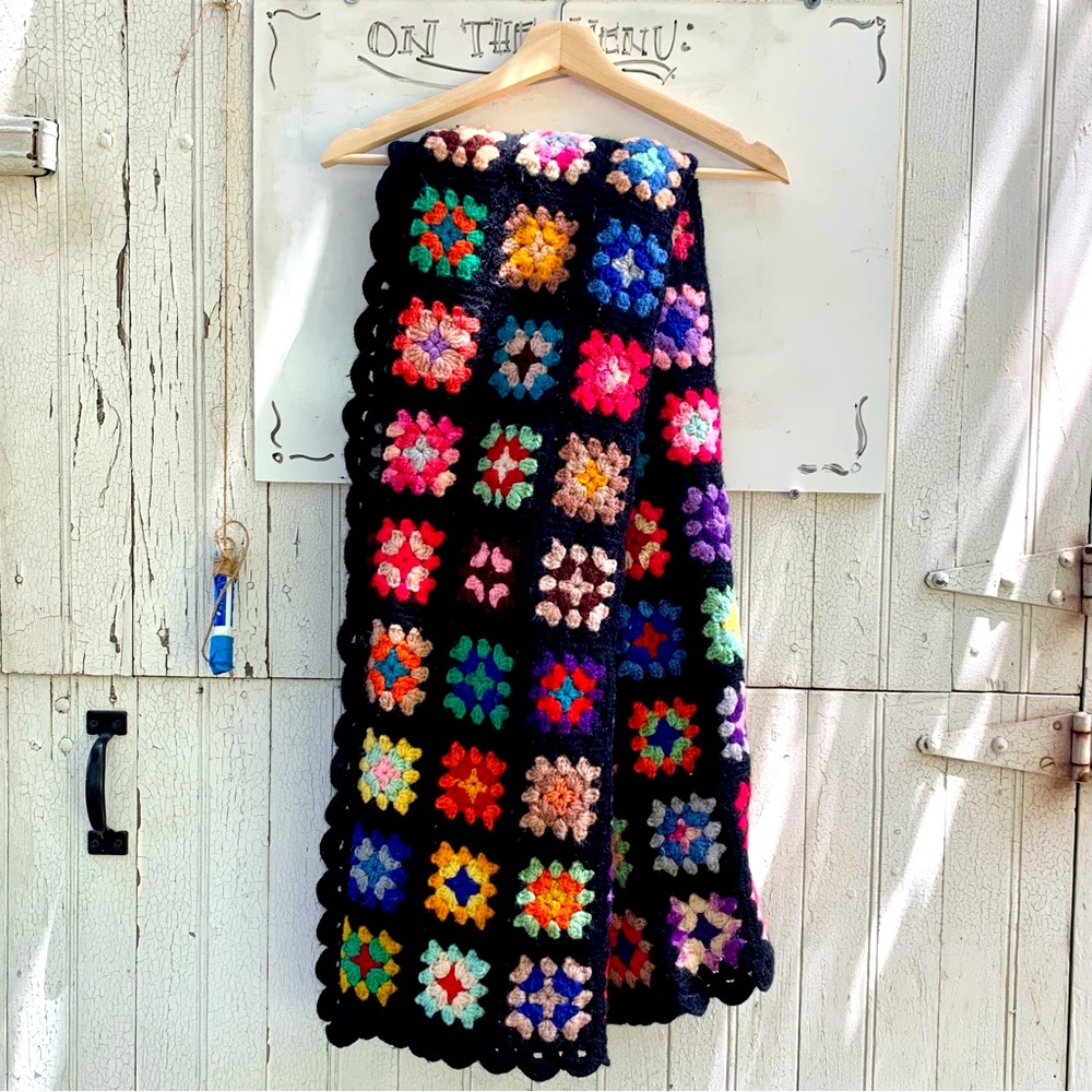 70s Vintage Black & Rainbow Crochet Square Blanket